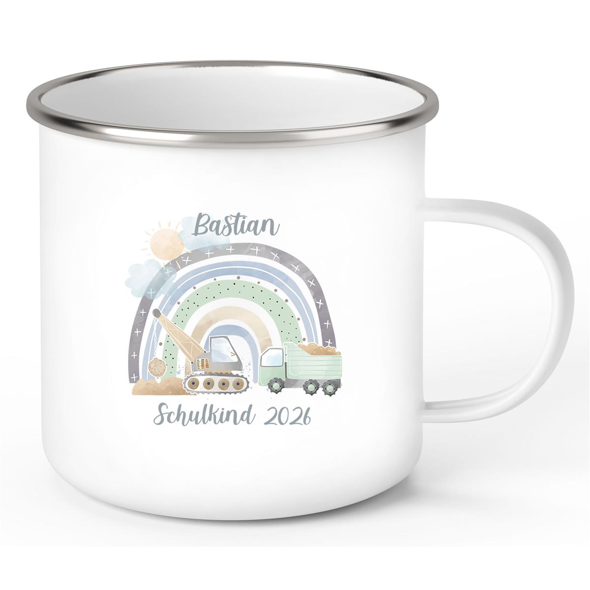 Tasse Schulkind 08 Wunschname Rainbow Baustelle Emaille Kinderbecher Personalisiert