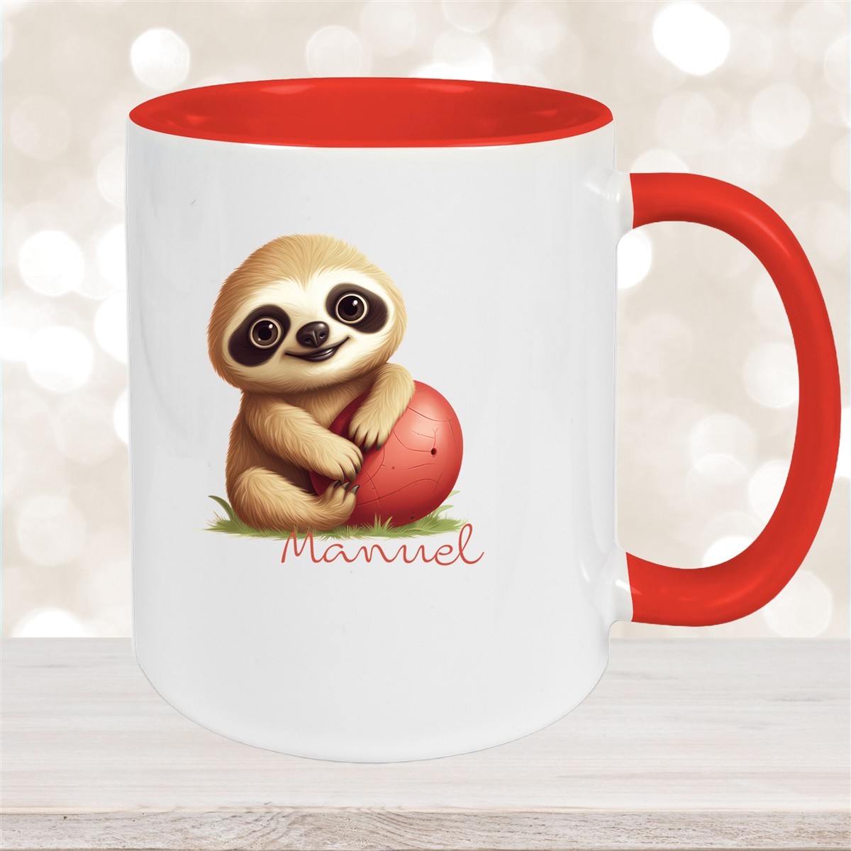 Tasse Wunschname Faultier-Ball Keramik Kinderbecher Personalisiert Rot
