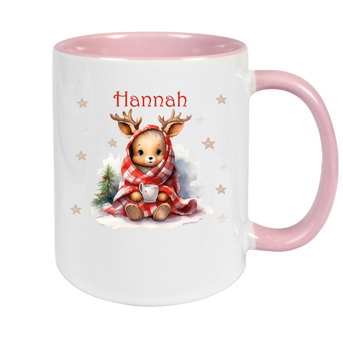 Tasse Wunschname Weihnachten Rehlein #1 Keramik Kinderbecher Altrosa