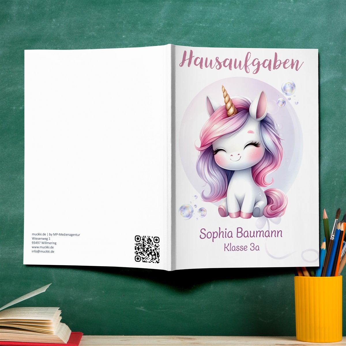 Hausaufgabenheft Einhorn #1 DIN A5 - 48 Blatt mit Name und Klasse