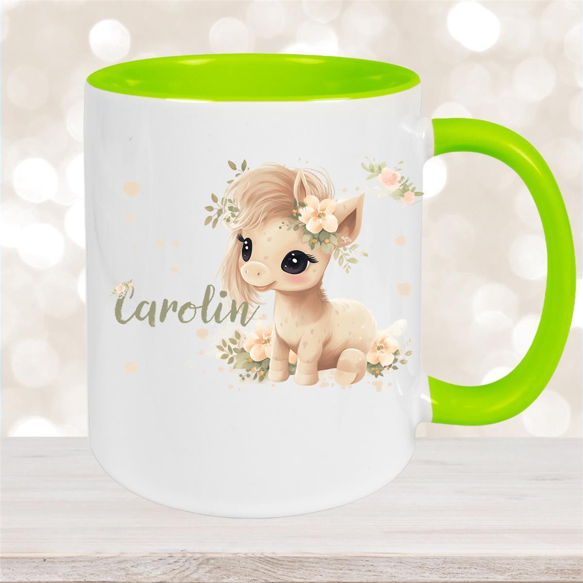 Tasse Pferd #5 Wunschname Keramik Kinderbecher personalisiert Grün