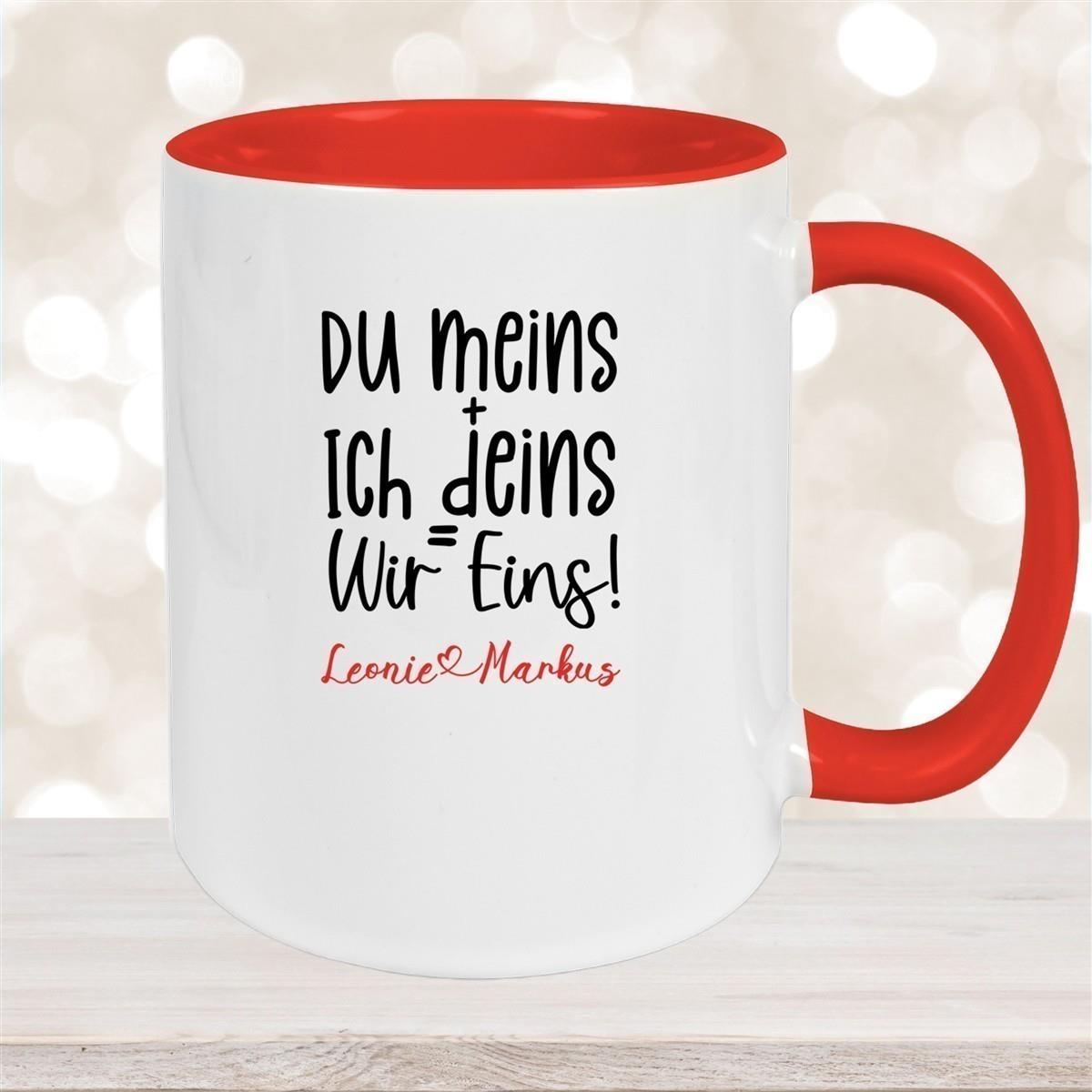 Tasse Liebe - Spruch "du meins, ich deins, wir eins" Valentinstag Wunschnamen Keramik personalisiert versch. Farben