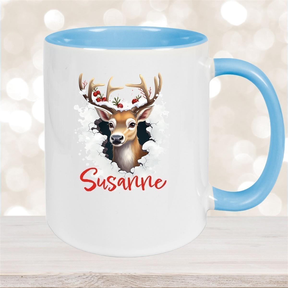 Tasse Wunschname Christmas Rentier 2 Keramik Kinderbecher versch. Farben