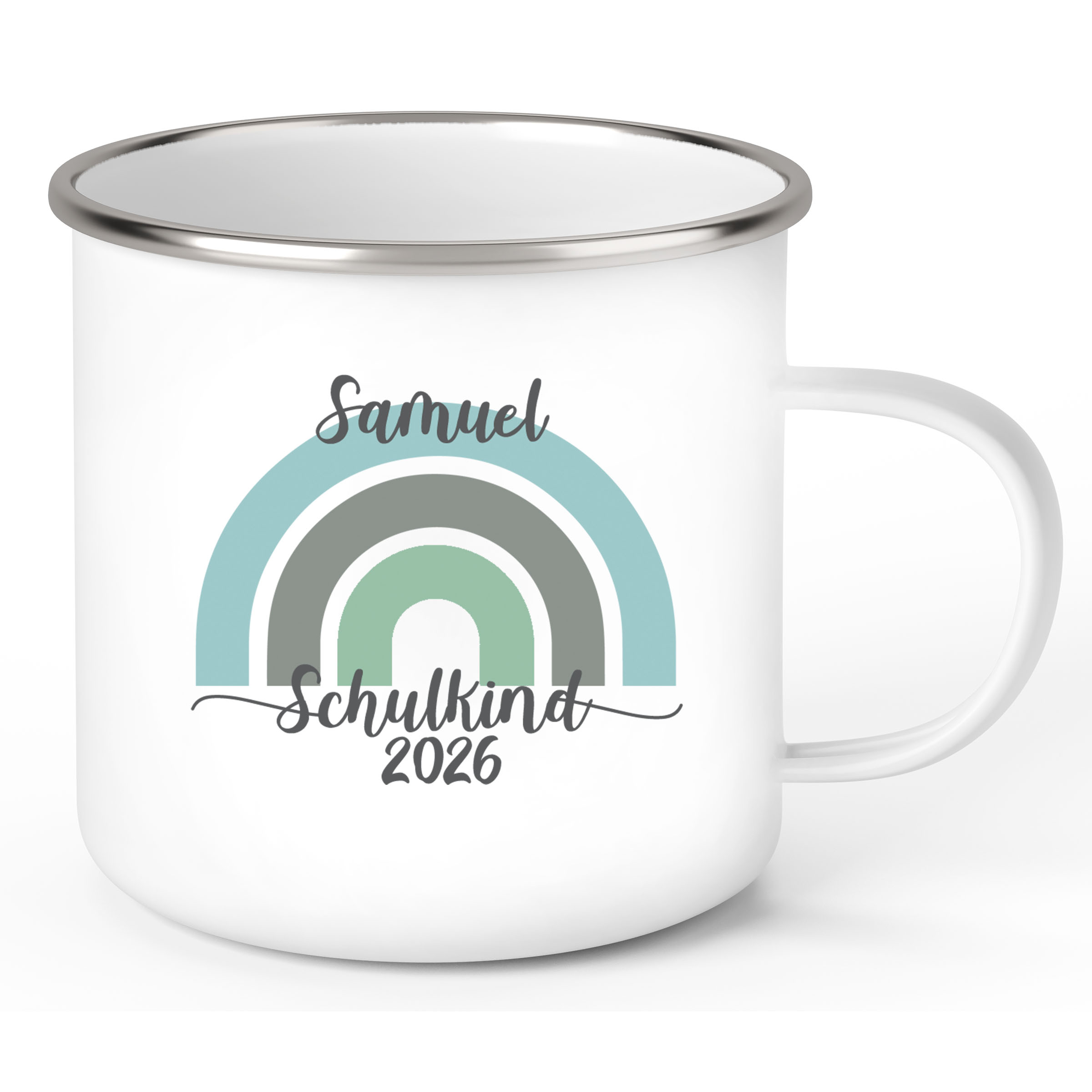 Tasse Schulkind 05 Wunschname Rainbow Emaille Kinderbecher Personalisiert