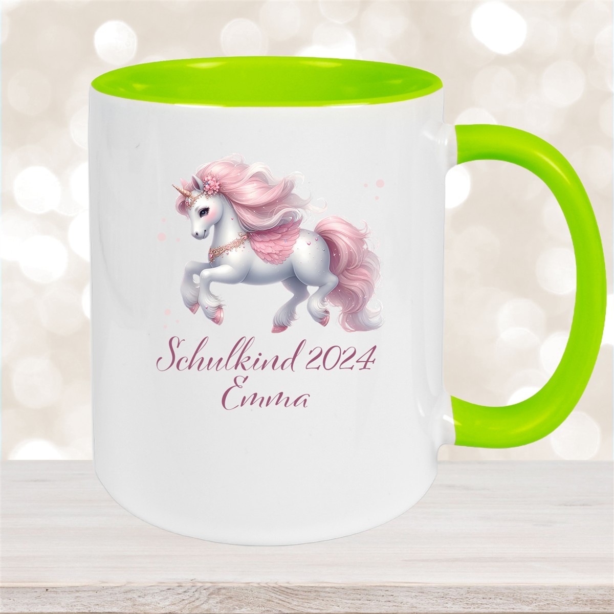 Tasse Schulkind #03 Wunschname Einhorn Keramik Kinderbecher Personalisiert Grün