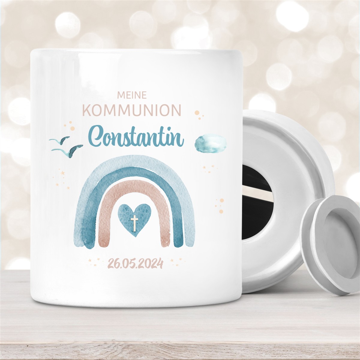 Spardose zur Kommunion mit Wunschname Regenbogen #1 Personalisiert Spardose zur Kommunion mit Wunschname Regenbogen #1 Personalisiert