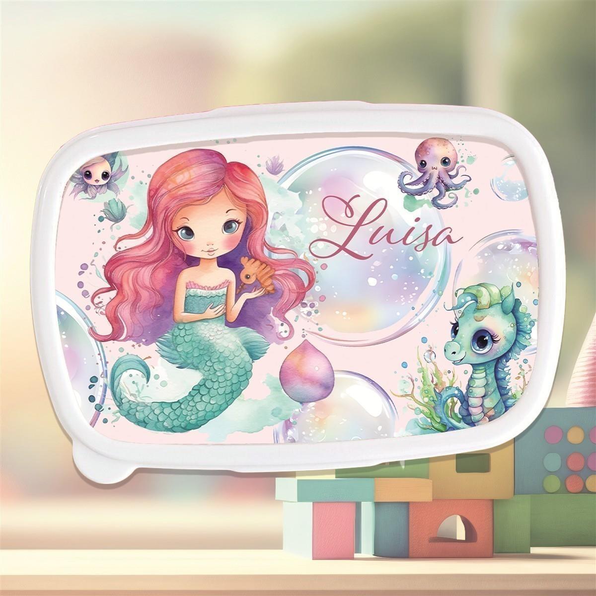Brotdose mit Namen Meerjungfrau 01 – Personalisierte Lunchbox für Schule & Kindergarten versch. Farben