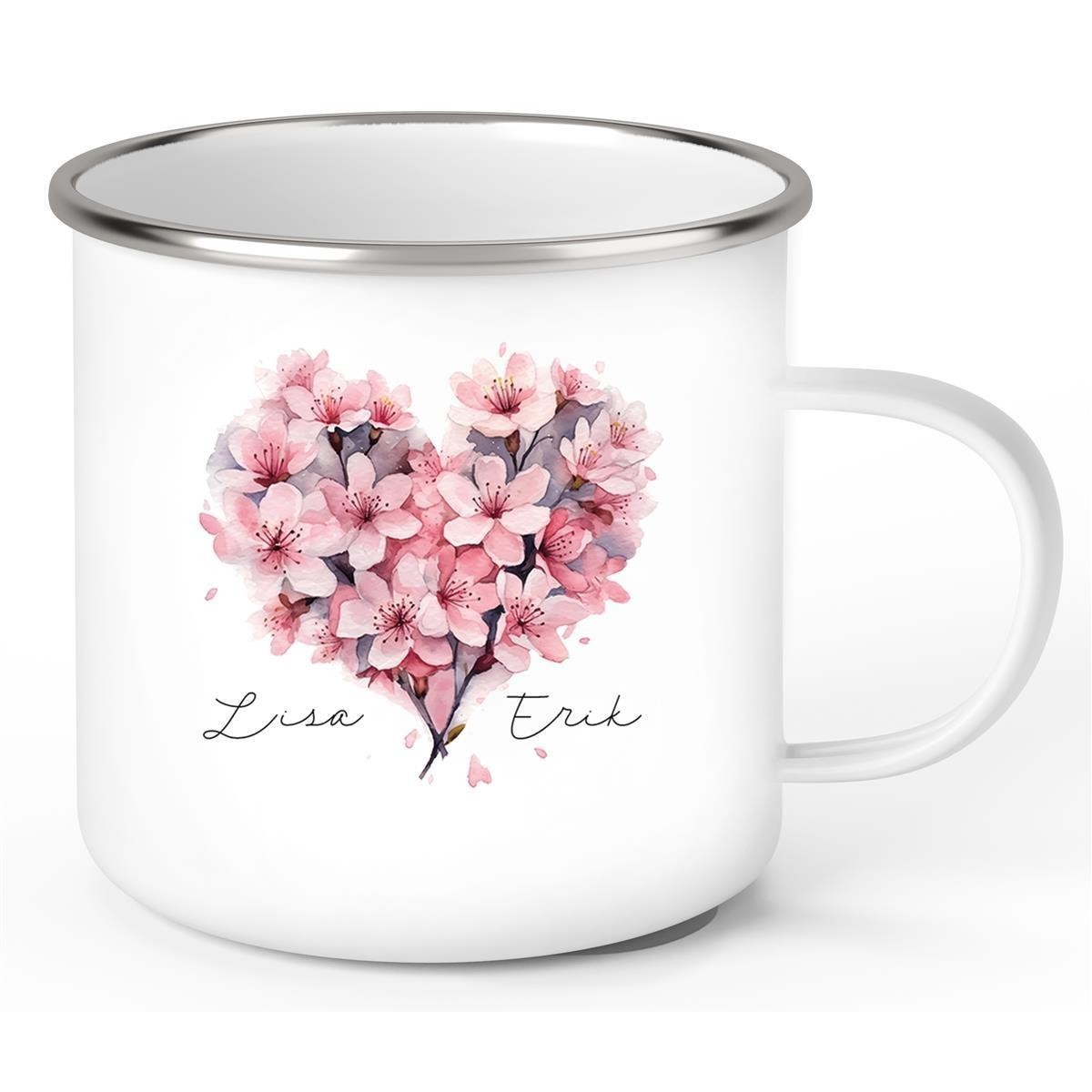 Tasse Liebe - Kirschblüten-Herz Valentinstag Wunschnamen Emaille personalisiert