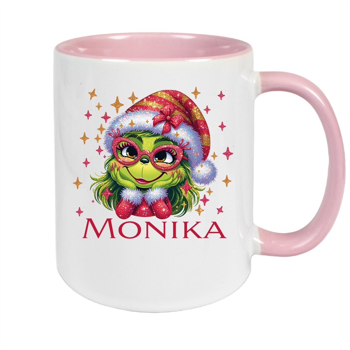Tasse Wunschname Weihnachten Lady-Grinch #1 Keramik Kinderbecher Altrosa