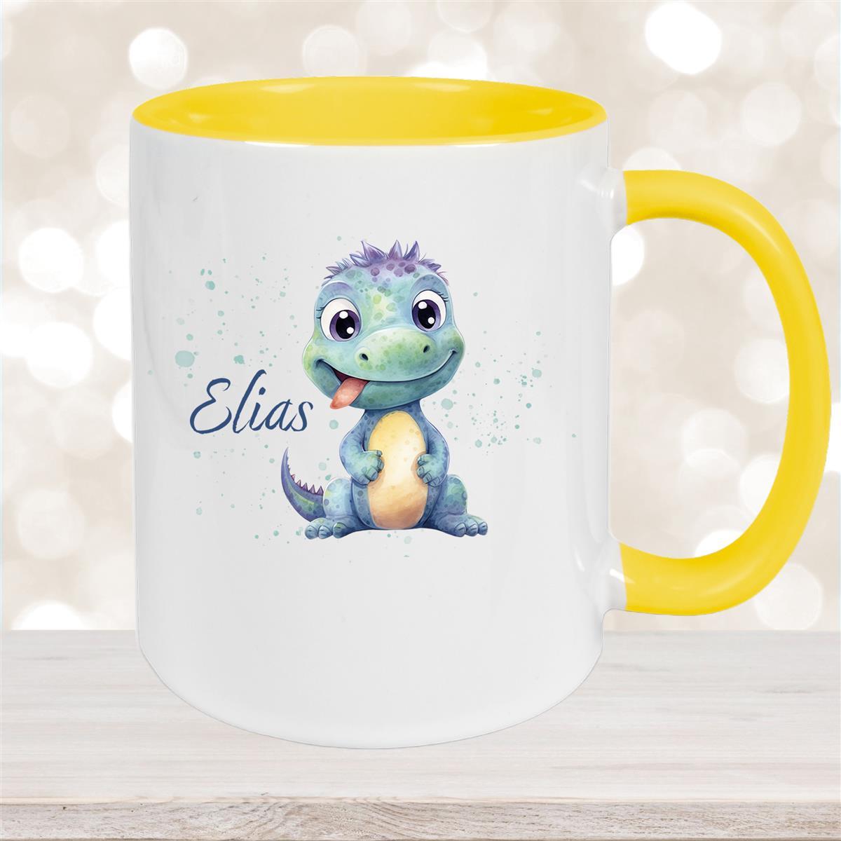 Tasse Dino #13 Wunschname Keramik Kinderbecher Personalisiert Gelb