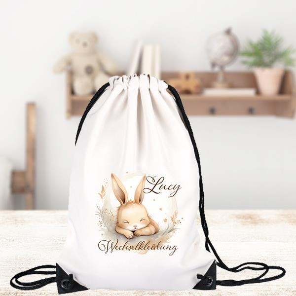 Turnbeutel für Kinder Wechselkleidung-Hase 1  Personalisiert mit Namen inkl. schwarzem Kordelzugband