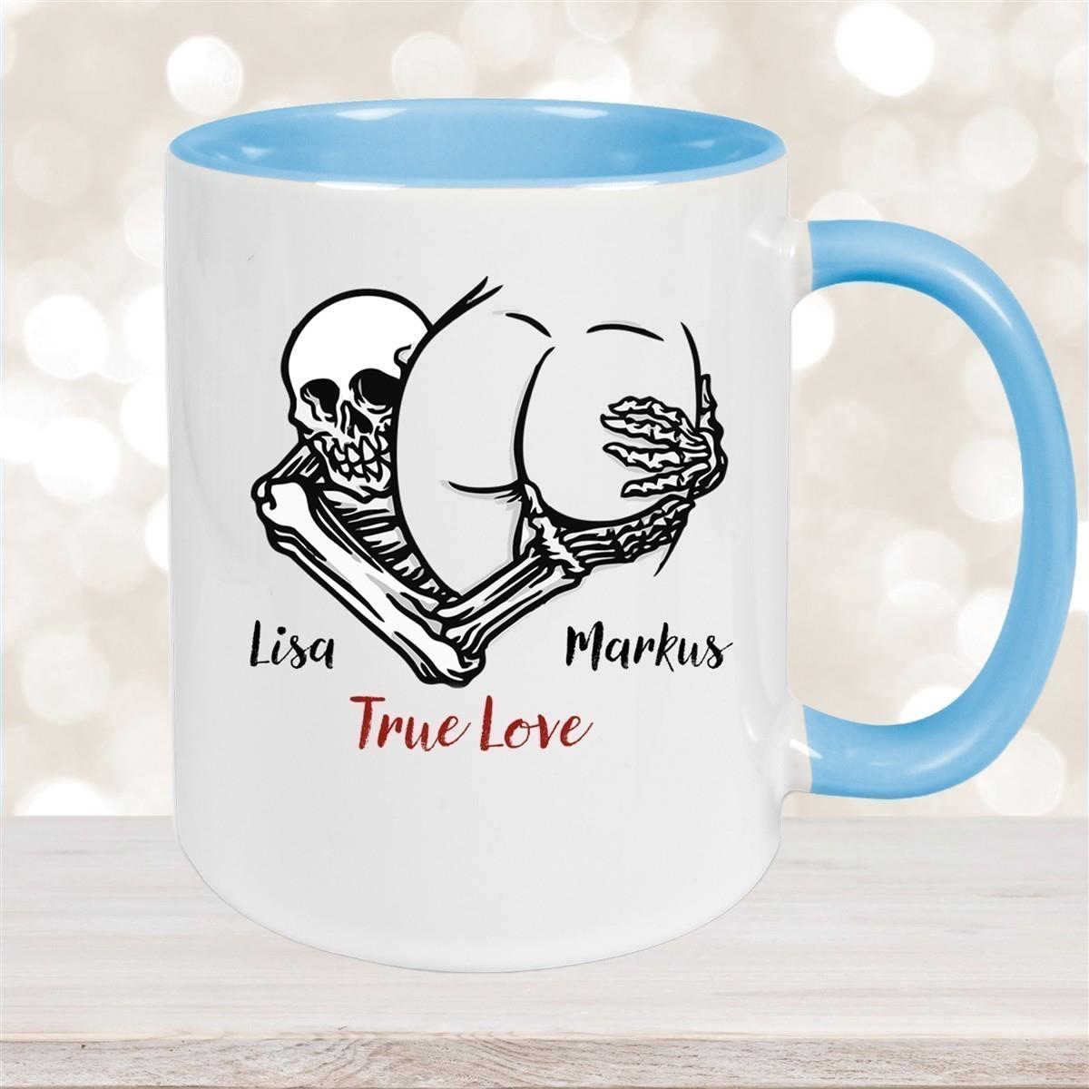 Tasse Totenkopf True Love Valentinstag 7 Wunschnamen Keramik personalisiert versch. Farben