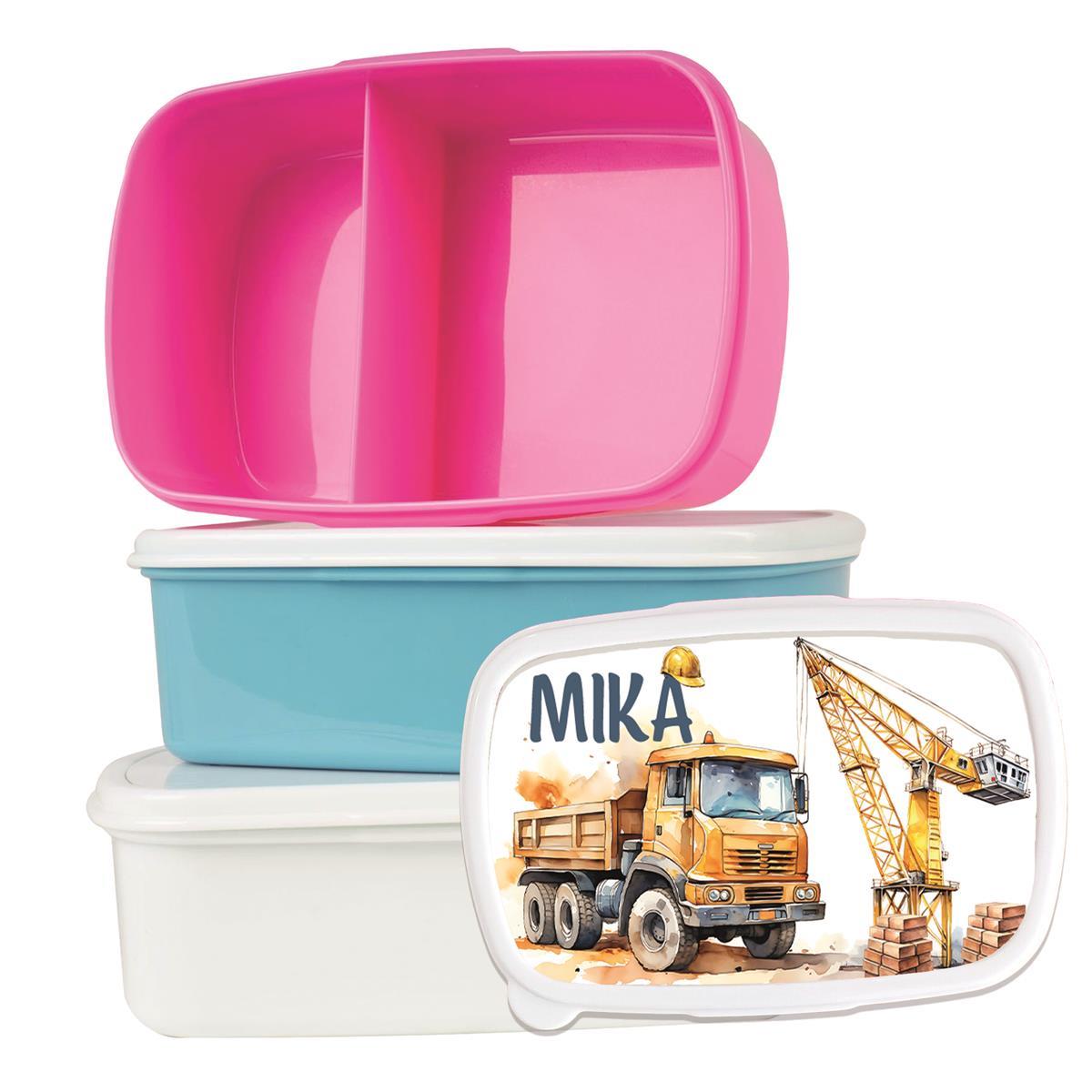 Brotdose mit Namen Baufahrzeuge 01 – Personalisierte Lunchbox für Schule & Kindergarten versch. Farben