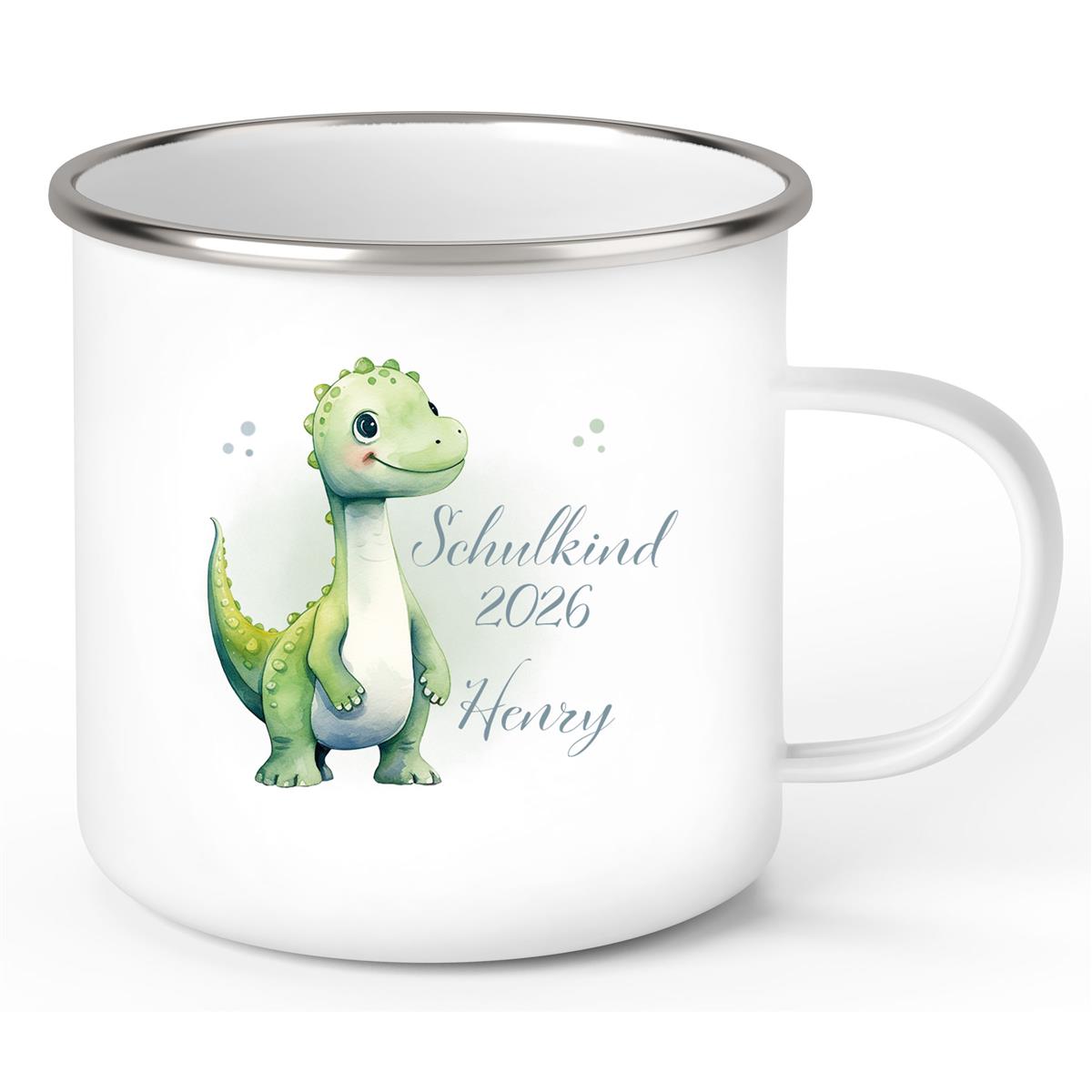 Tasse Schulkind 4 Wunschname Dino1 Emaille Kinderbecher Personalisiert