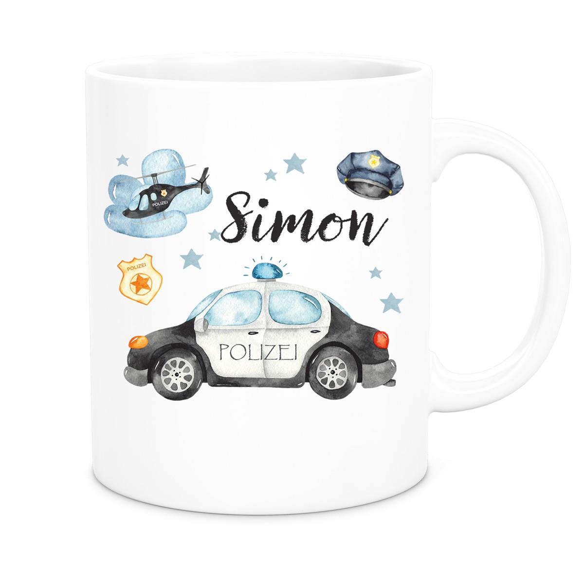 Tasse Polizei 3 Wunschname Keramik Kinderbecher personalisiert versch. Farben