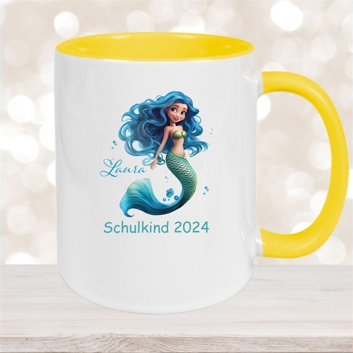 Tasse Schulkind 10 Wunschname Meerjungfrau 1 Keramik Kinderbecher Personalisiert versch. Farben