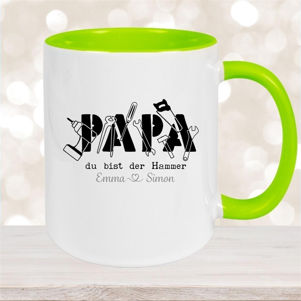 Tasse Vatertag 9 Papa, "Du bist der Hammer" Wunschnamen Keramik Personalisiert versch. Farben