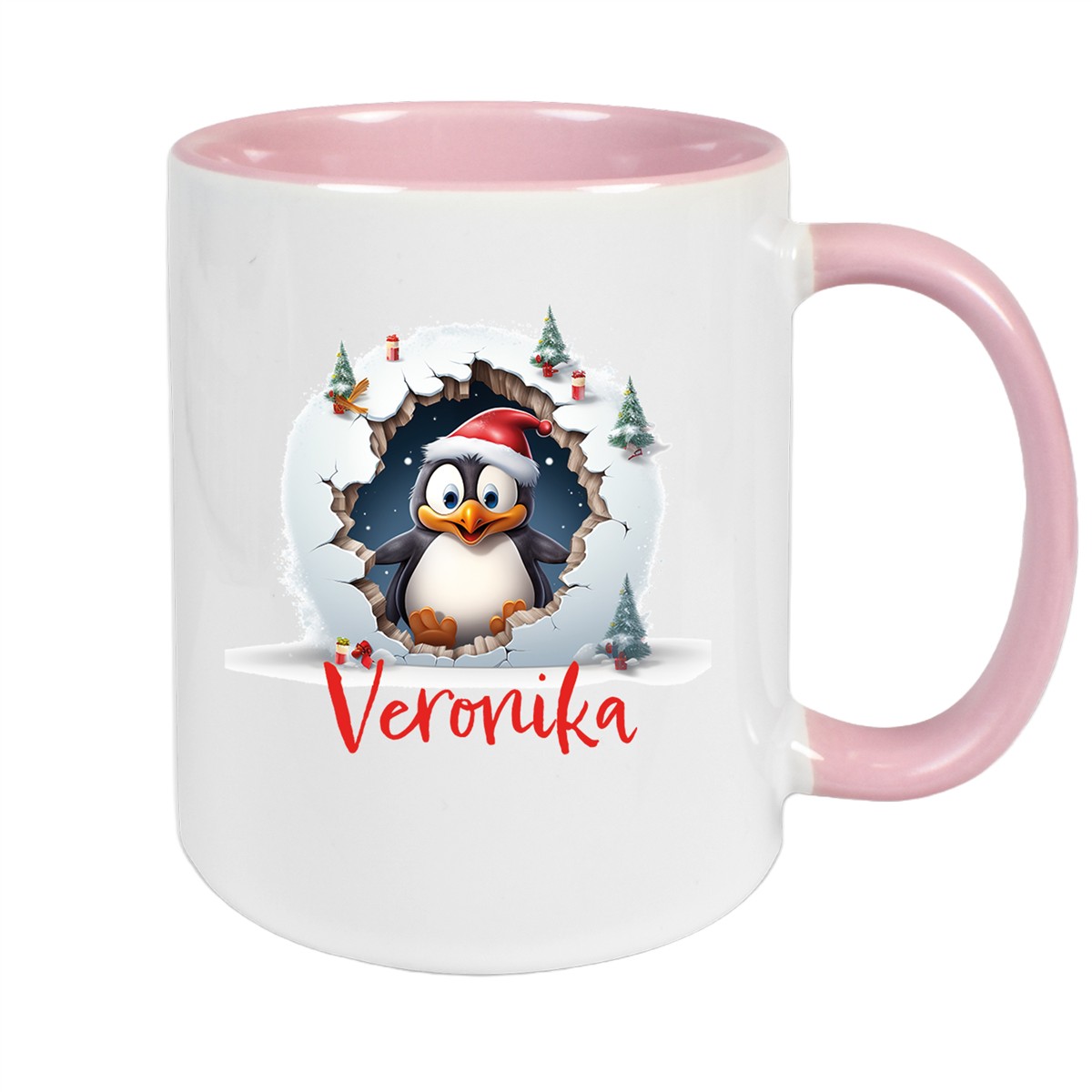 Tasse Wunschname Christmas Pinguin #2 Keramik Kinderbecher Altrosa