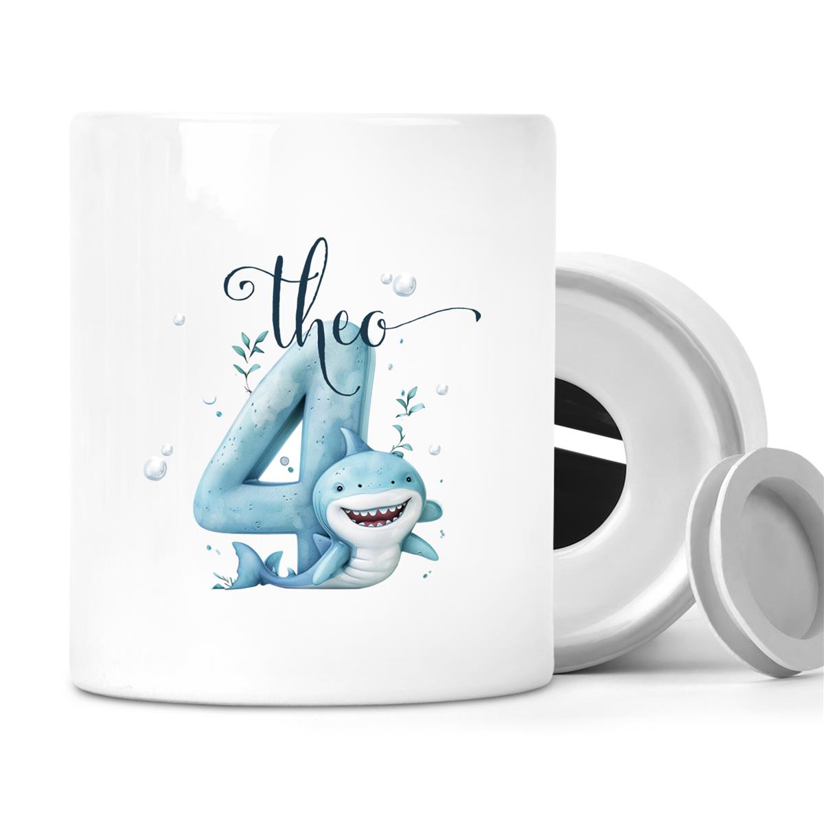 Spardose Geburtstag mit Wunschname Hai Zahl 1 personalisiert