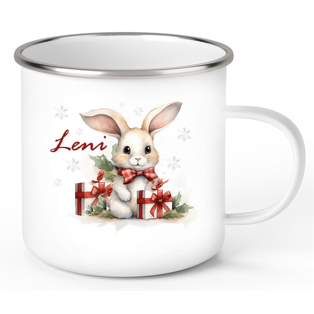 Tasse Wunschname Weihnachten Hase Sterne Emaille Kinderbecher