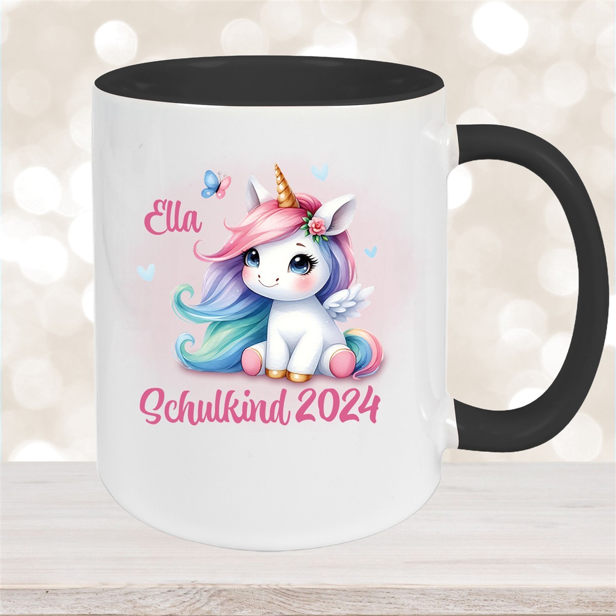 Tasse Schulkind #09 Wunschname Einhorn #2 Keramik Kinderbecher Personalisiert Schwarz