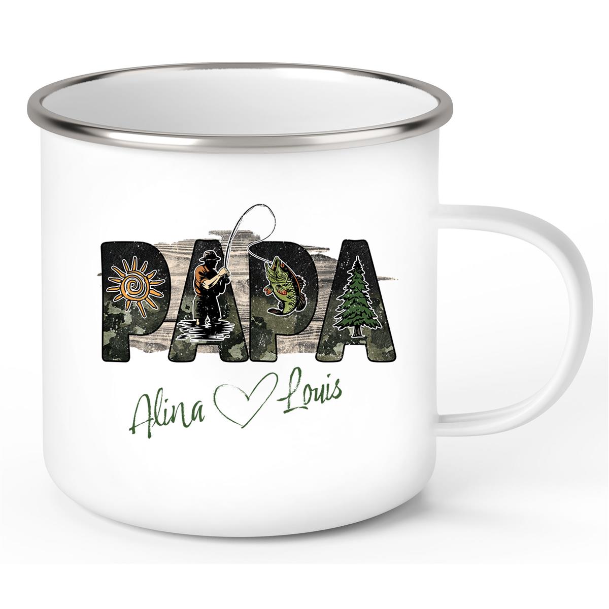 Tasse Vatertag 6 "Angler" Wunschnamen Emaille Personalisiert