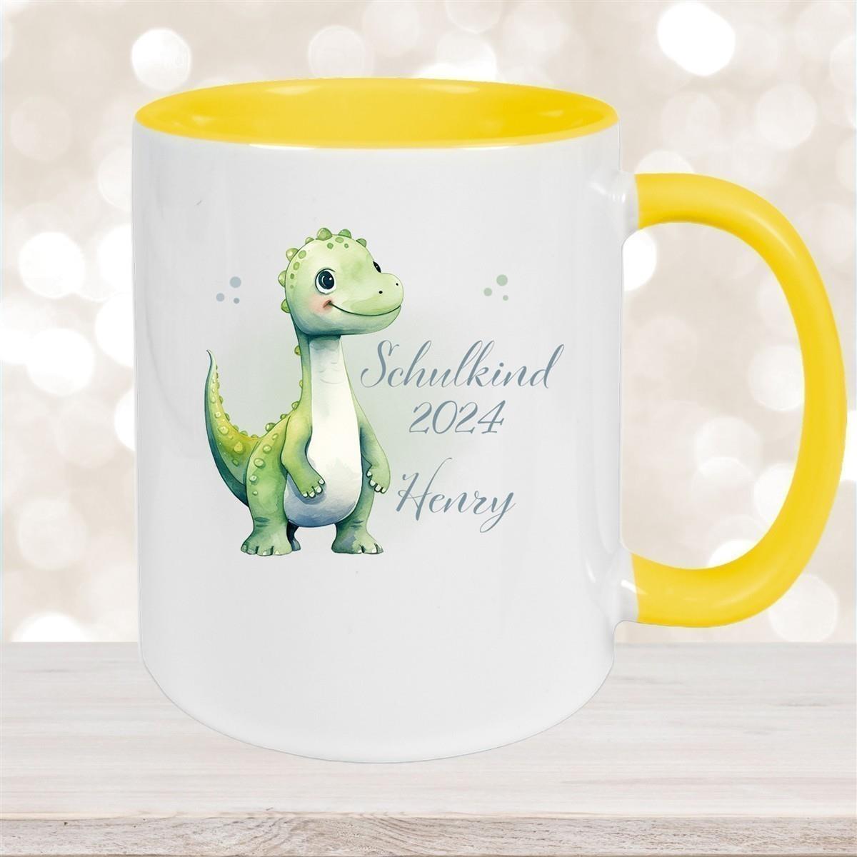 Tasse Schulkind 4 Wunschname Dino1 Keramik Kinderbecher Personalisiert versch. Farben
