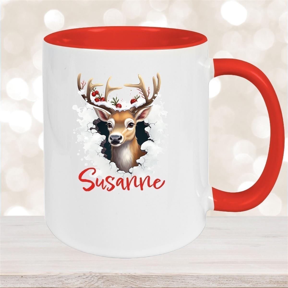 Tasse Wunschname Christmas Rentier 2 Keramik Kinderbecher versch. Farben