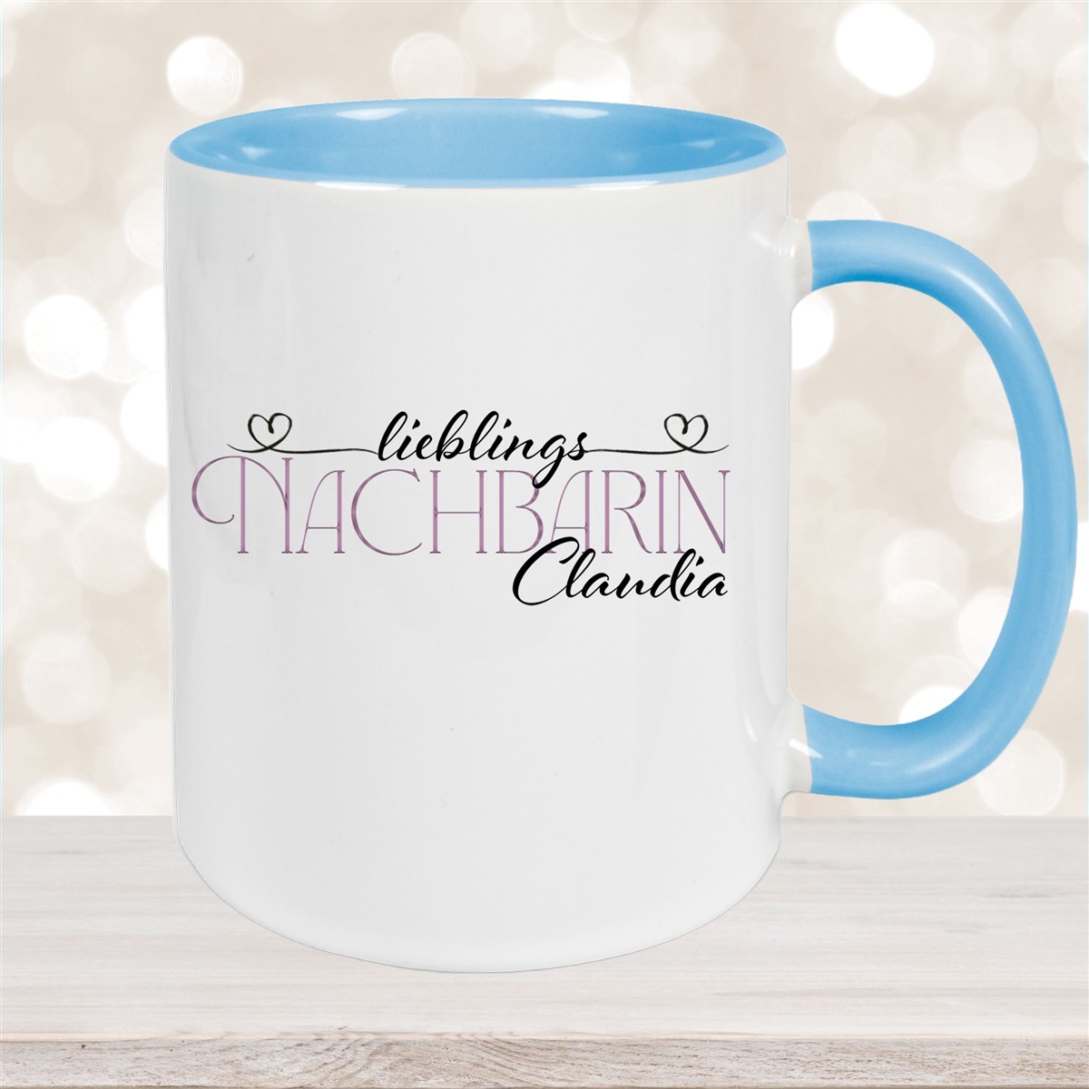 Tasse Wunschname Lieblings-Nachbarin #1 personalisiert Keramik Becher Hellblau
