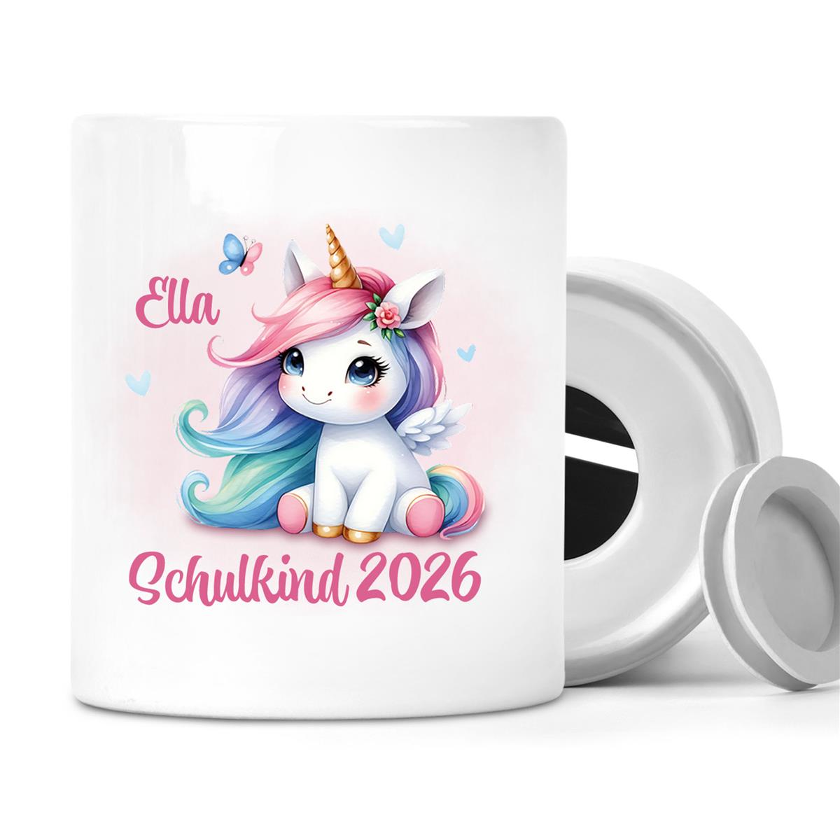 Spardose mit Wunschname Schulanfang 9 Einhorn personalisiert