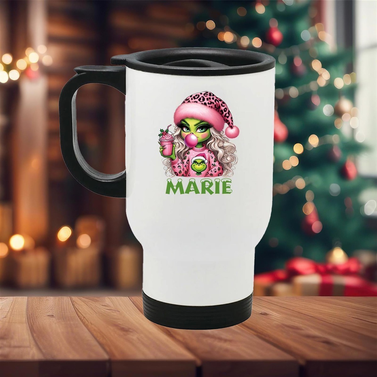 Edelstahl-Thermobecher mit Deckel Weihnachten Lady-Grinch 5# personalisiert weiß Edelstahl-Thermobecher mit Deckel Weihnachten Lady-Grinch 5# personalisiert weiß