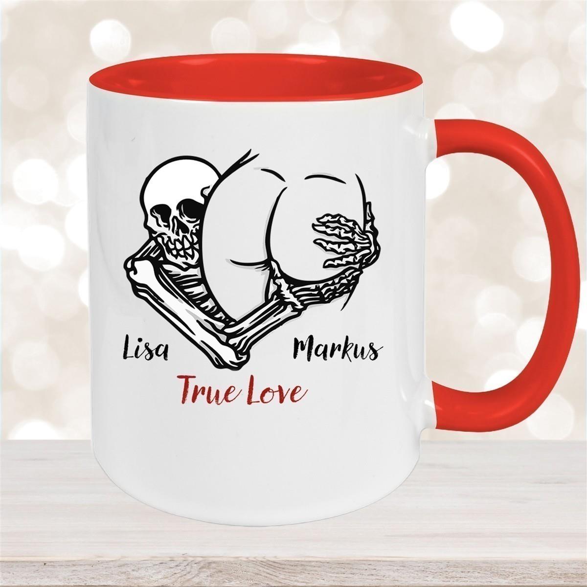 Tasse Totenkopf True Love Valentinstag 7 Wunschnamen Keramik personalisiert versch. Farben