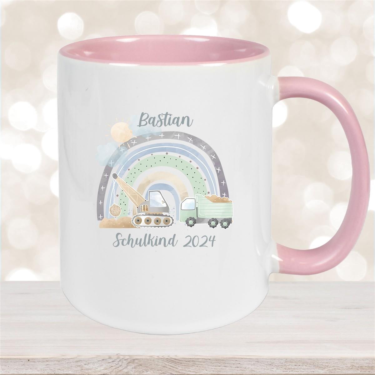 Tasse Schulkind 08 Wunschname Rainbow Baustelle Keramik Kinderbecher Personalisiert versch. Farben