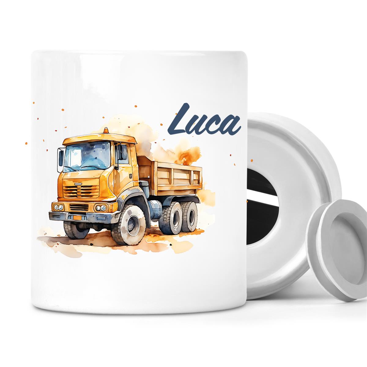 Spardose mit Wunschname Baustelle Kipper 1 personalisiert