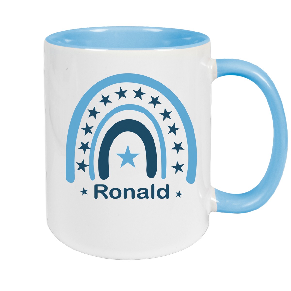 Tasse Wunschname Regenbogen #3 Keramik Kinderbecher Hellblau