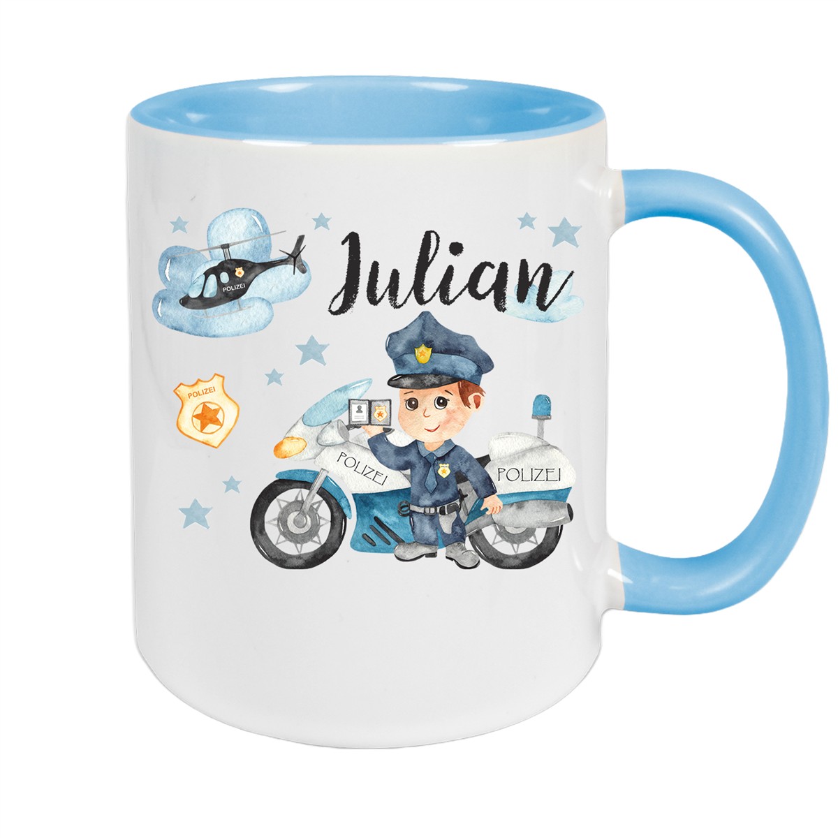 Tasse Polizei #2 Wunschname Keramik Kinderbecher personalisiert Hellblau
