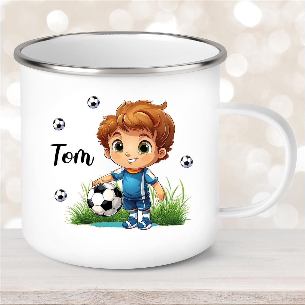 Tasse Fußball #7 Wunschname Emaille Kinderbecher personalisiert