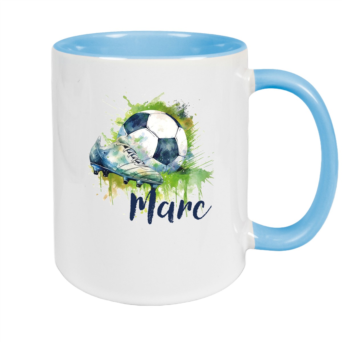 Tasse Fußball #4 Wunschname Keramik Kinderbecher personalisiert Hellblau
