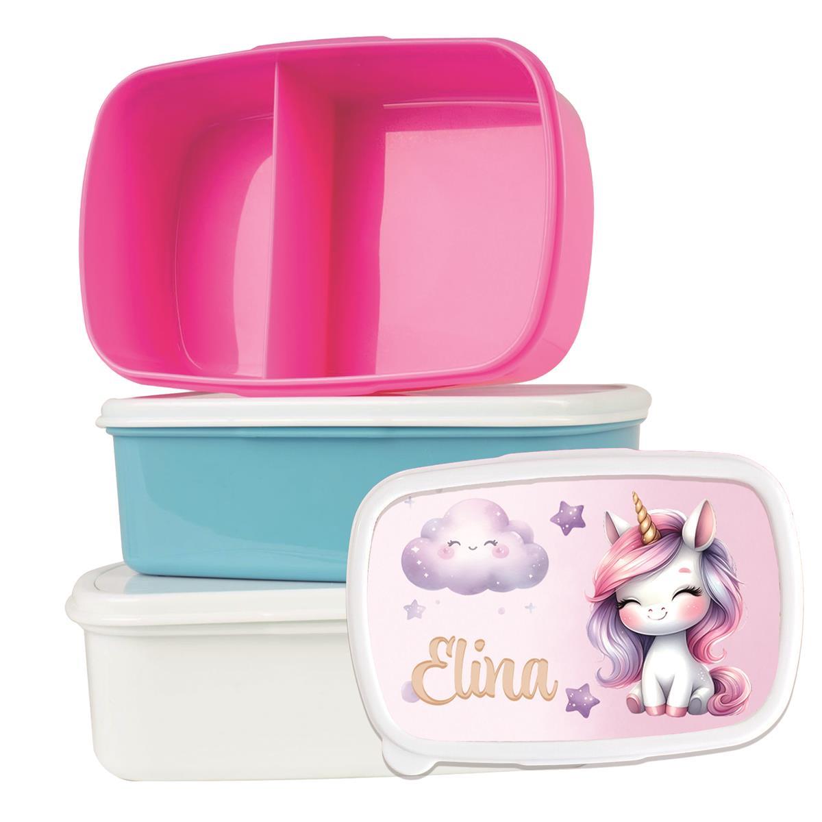 Brotdose mit Namen Einhorn 01 – Personalisierte Lunchbox für Schule & Kindergarten versch. Farben