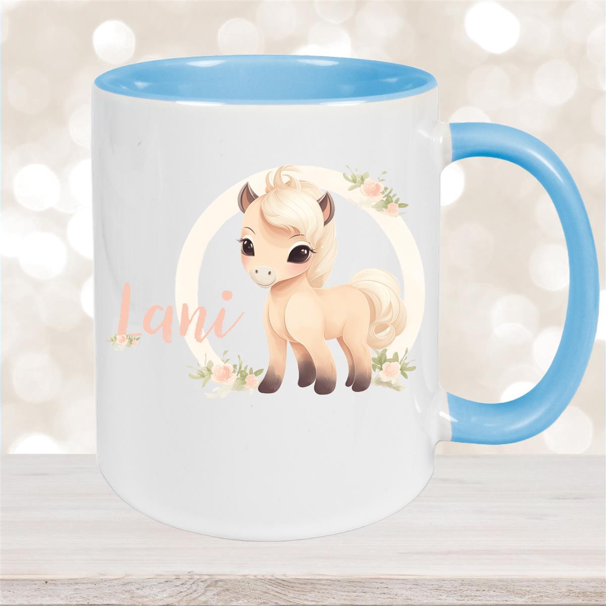 Tasse Pferd #4 Wunschname Keramik Kinderbecher personalisiert Hellblau