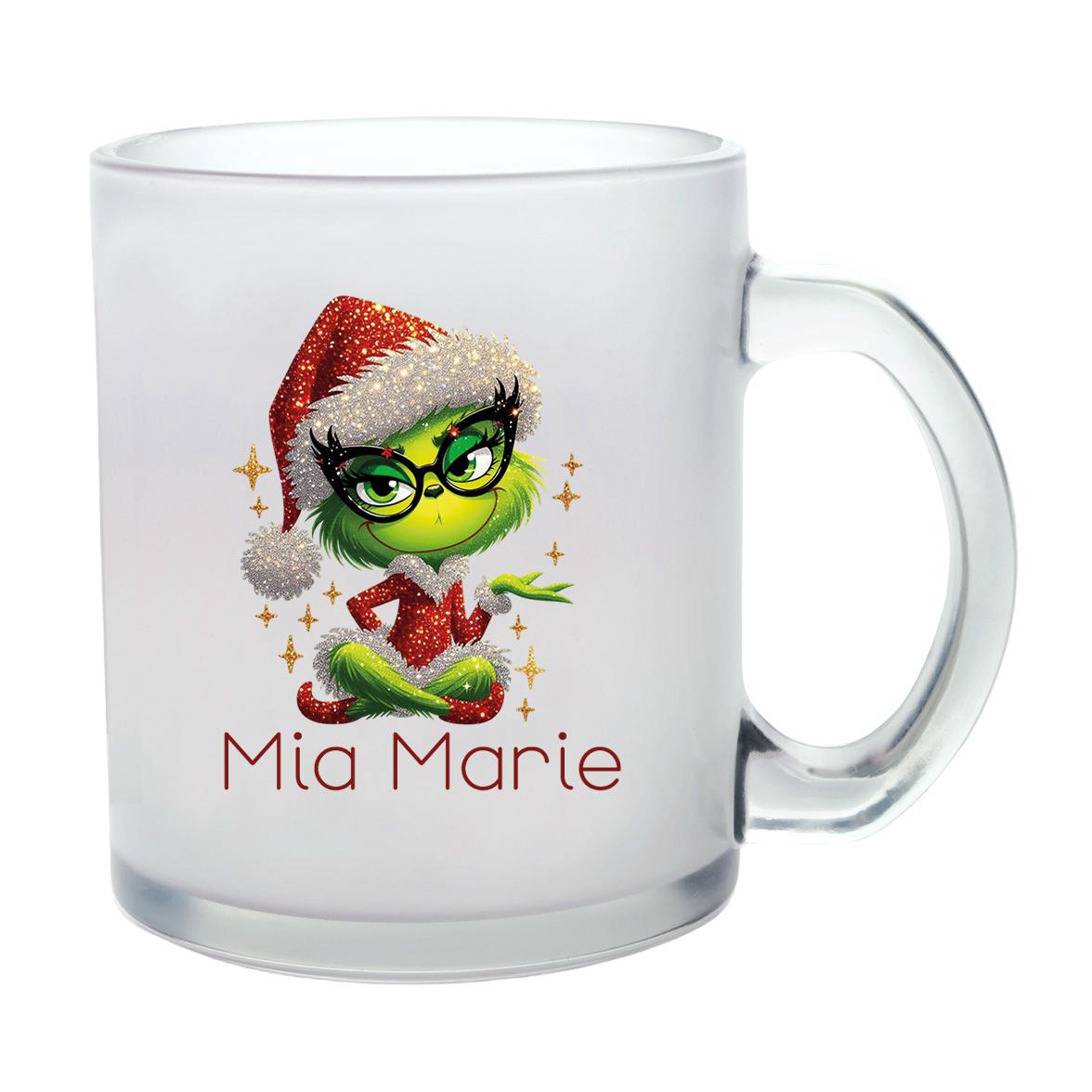 Milchglastasse Wunschname Weihnachten Lady-Grinch 4 Glas Kinderbecher SONDEREDITION