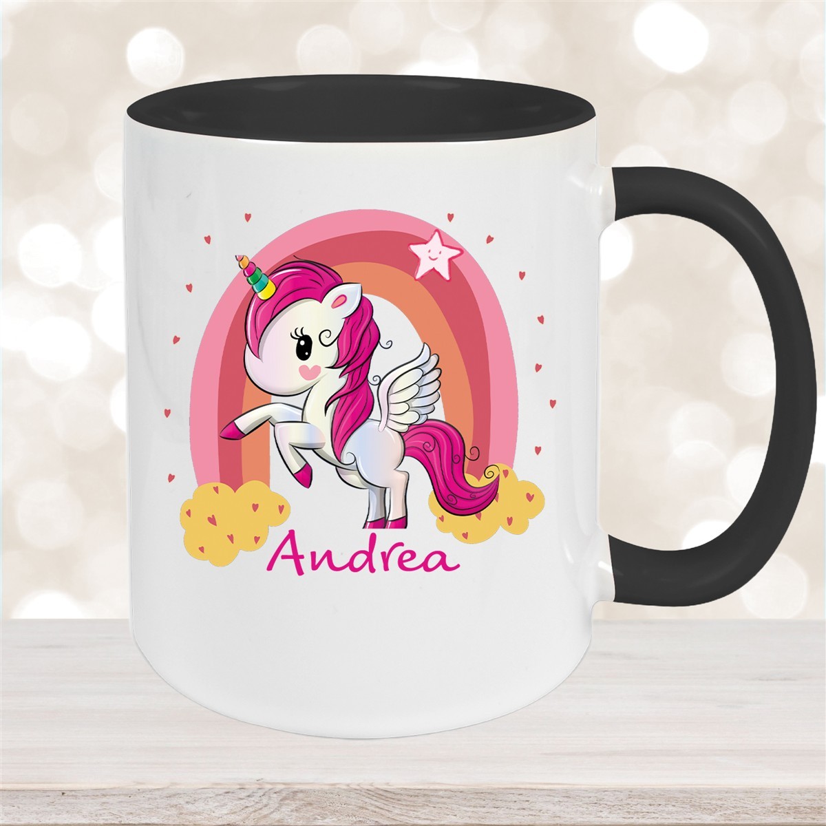 Tasse Wunschname Regenbogen-Einhorn Keramik Kinderbecher personalisiert Schwarz