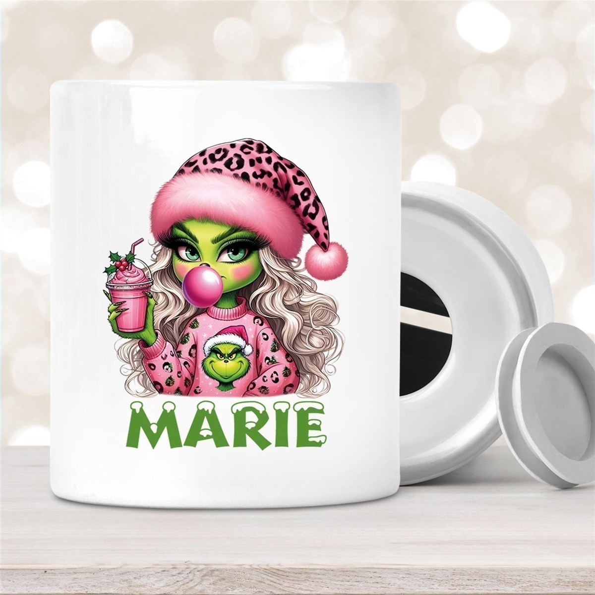 Spardose mit Wunschname Weihnachten Lady-Grinch #5 personalisiert Spardose mit Wunschname Weihnachten Dino #2 Personalisiert