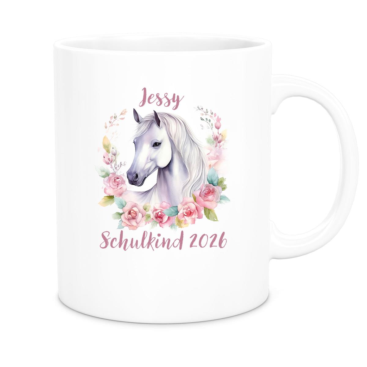 Tasse Schulkind 14 Wunschname Pferd1 Keramik Kinderbecher Personalisiert versch. Farben