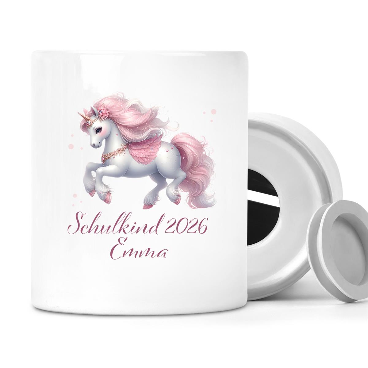 Spardose mit Wunschname Schulanfang 3 Einhorn personalisiertt