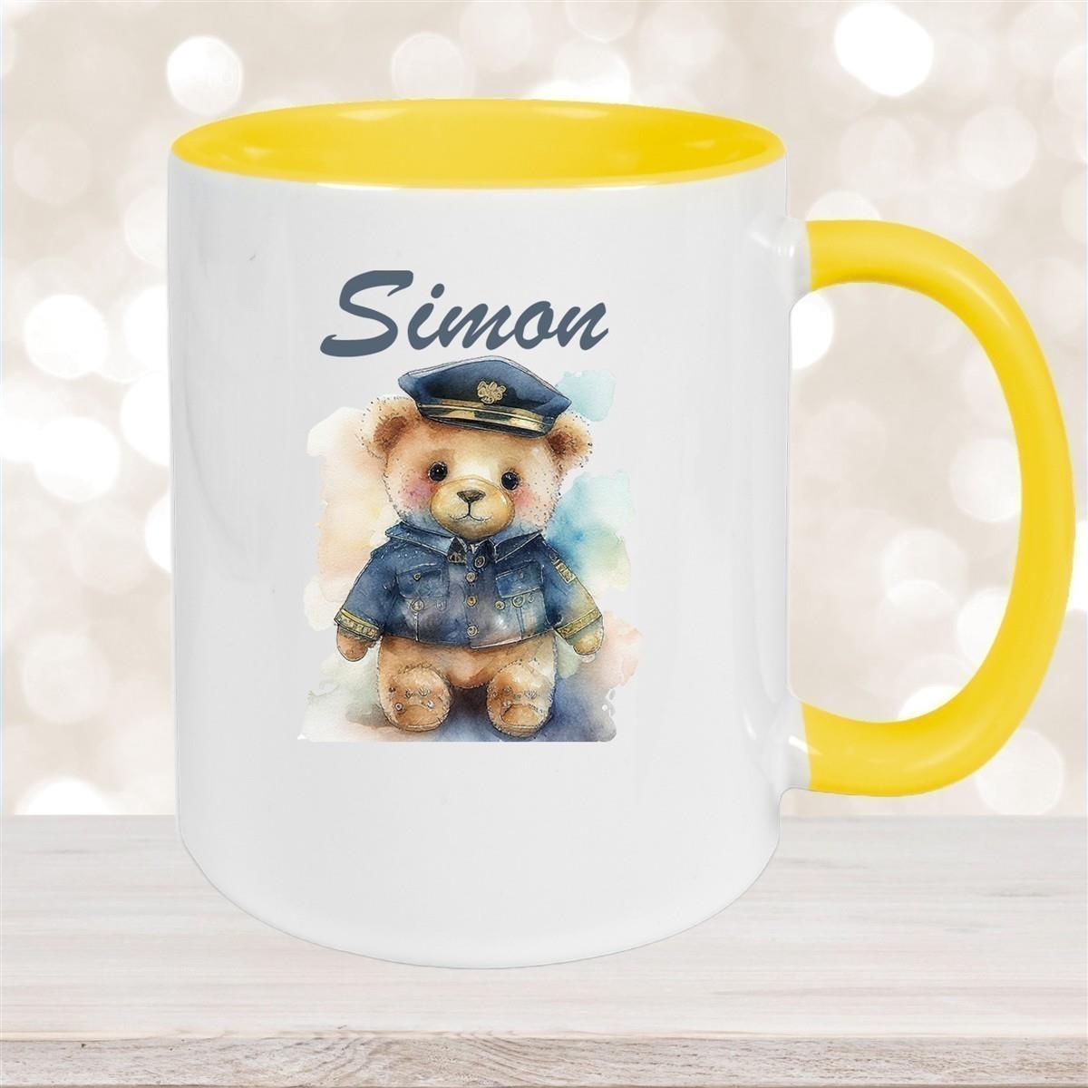 Tasse Polizei Teddy 1 Wunschname Keramik Kinderbecher personalisiert versch. Farben