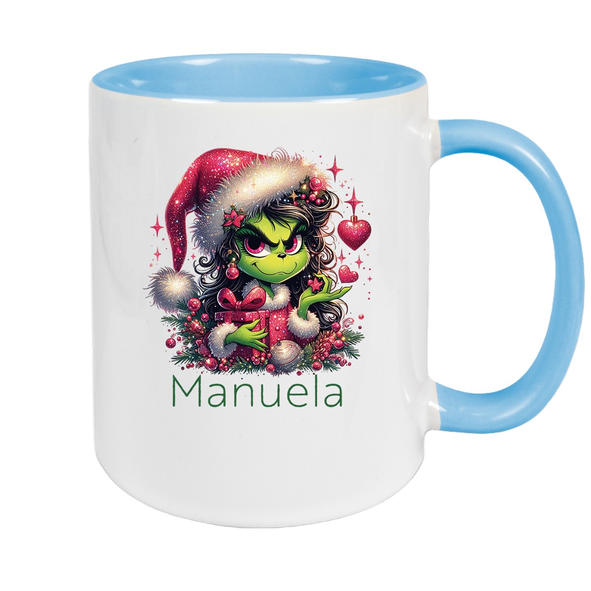 Tasse Wunschname Weihnachten Lady-Grinch #2 Keramik Kinderbecher Hellblau