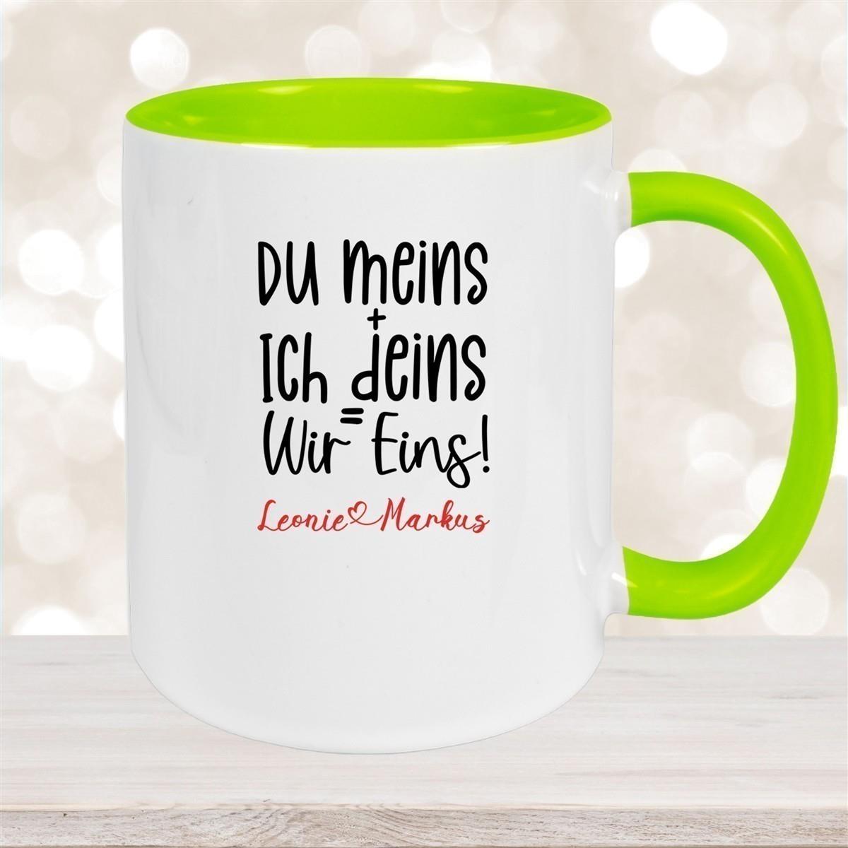 Tasse Liebe - Spruch "du meins, ich deins, wir eins" Valentinstag Wunschnamen Keramik personalisiert versch. Farben
