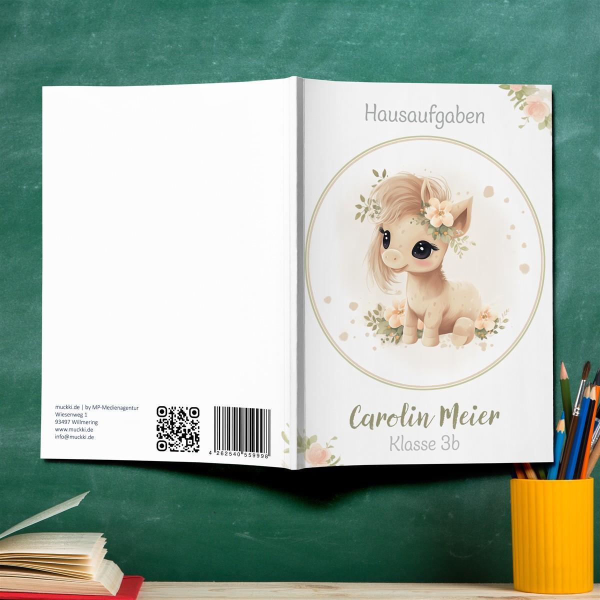 Hausaufgabenheft Pferd 5  DIN A5 - 48 Blatt mit Name und Klasse