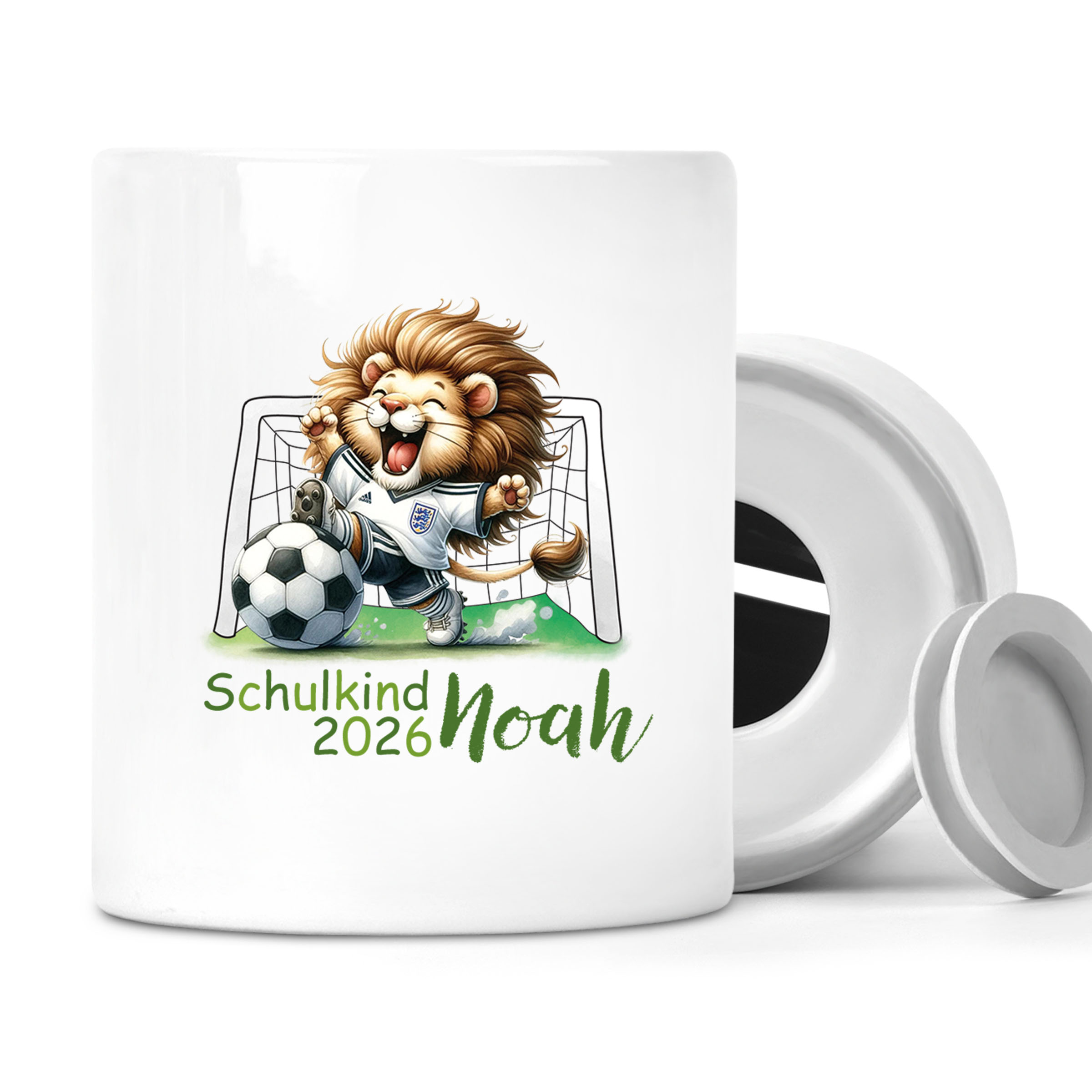 Spardose mit Wunschname Schulanfang 13 Fußball personalisiert